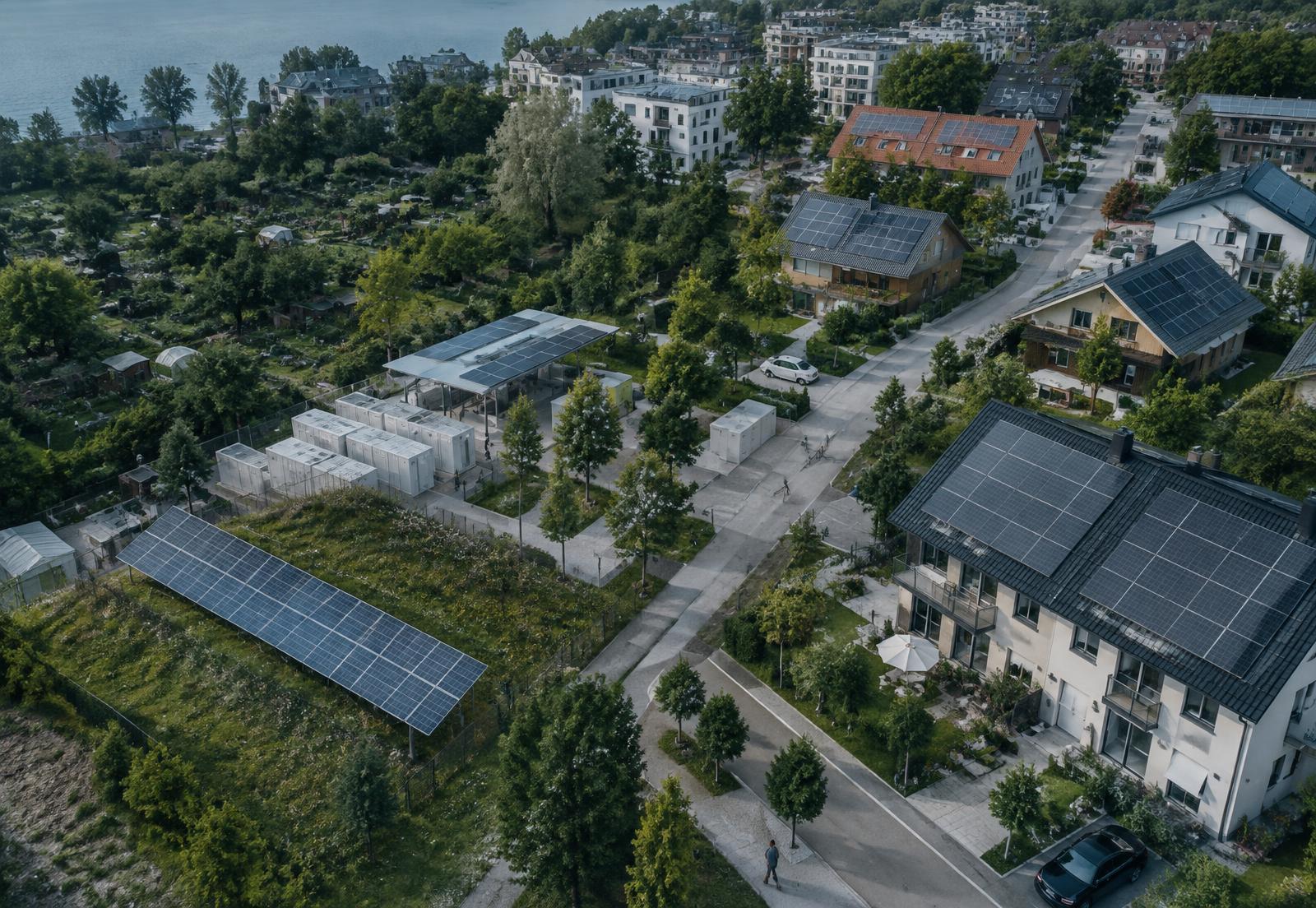 Residential rooftops with solar panels in a European community